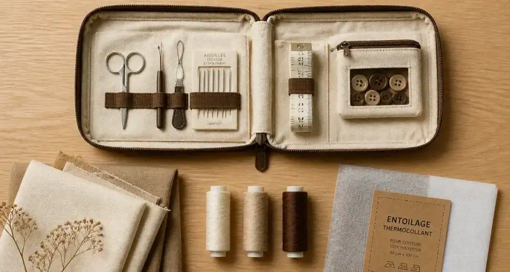 Trousse couture ouverte avec ciseaux, découd-vite, enfile-aiguille, aiguilles et mètre ruban