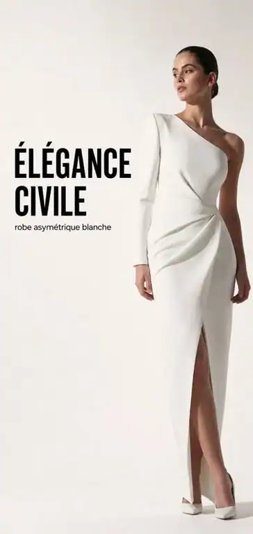 Robe blanche une manche portée dans un look éditorial chic et asymétrique