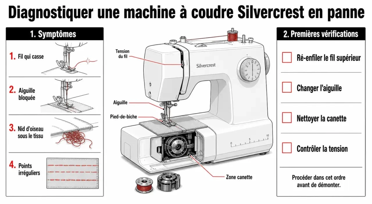 Machine à coudre Silvercrest problème : diagnostic visuel des pannes courantes et des premières vérifications