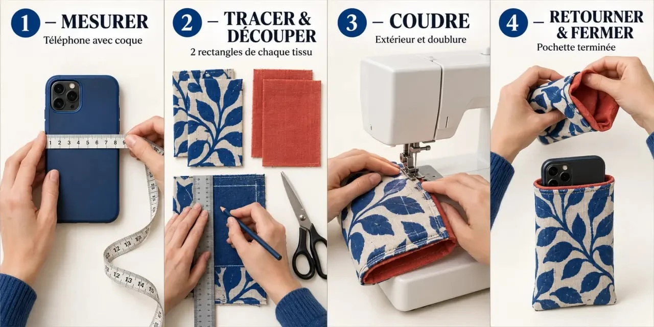 Tuto pochette en tissu pour téléphone portable en quatre étapes, de la découpe à la couture