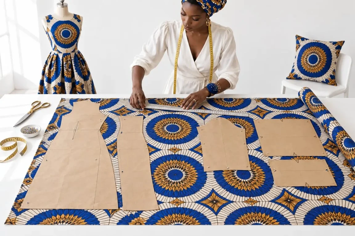 Rapport de motif wax préservé lors de la coupe d'une robe et d'une housse de coussin
