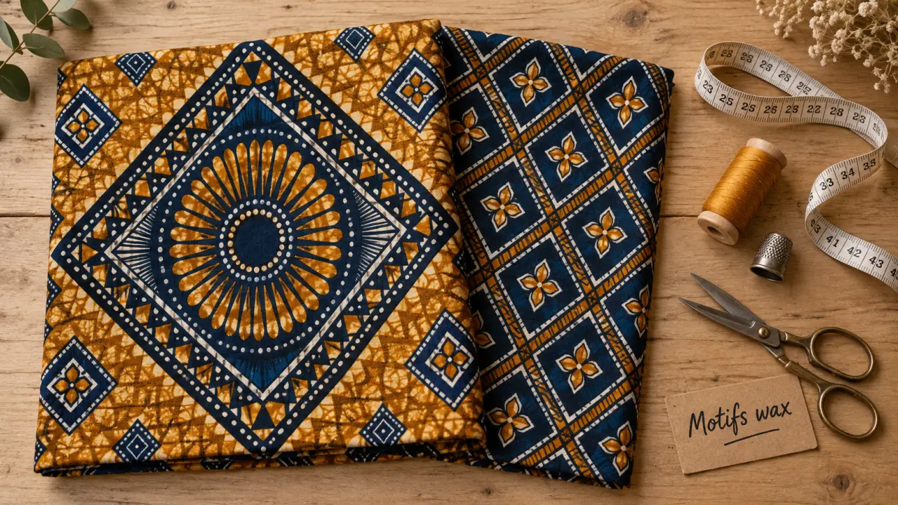 Motifs wax : tissu coton wax géométrique sur table en bois