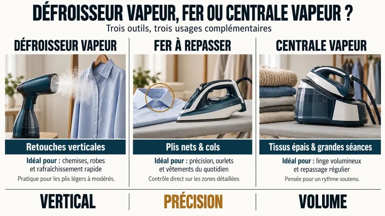 Comparatif défroisseur, fer à repasser et centrale vapeur selon le type de finition