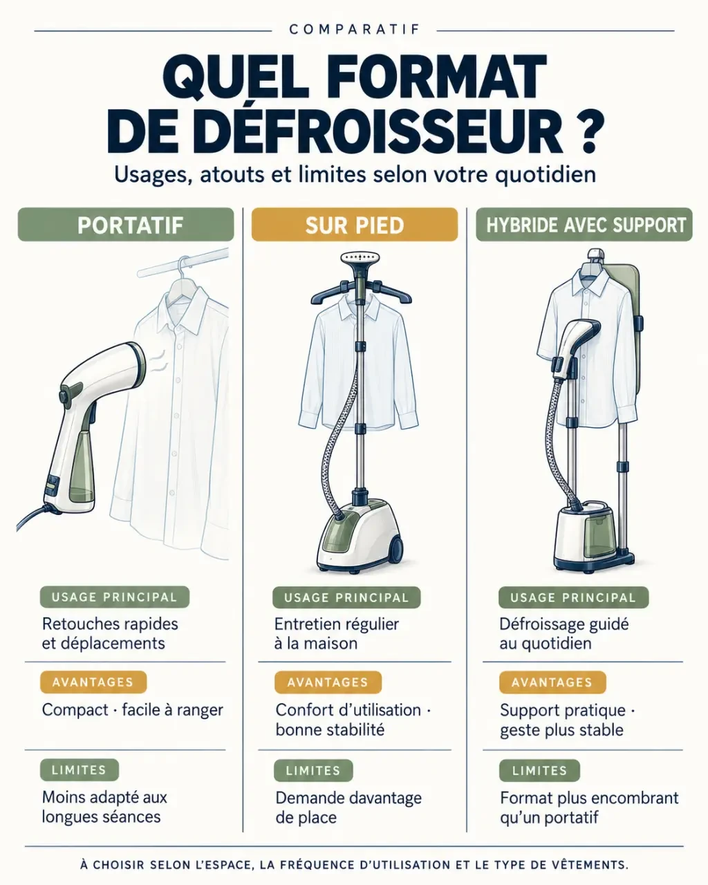 Comparatif défroisseur : différences entre modèles portatif, sur pied et hybride