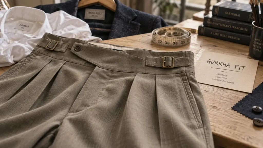 Pantalon Gurkha : taille haute, pinces et ceinture ajustable pour une silhouette nette